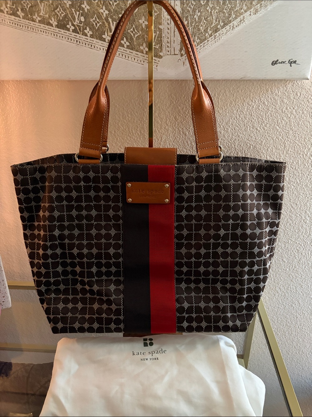 kate spade original logo tote with cognac leather trim.